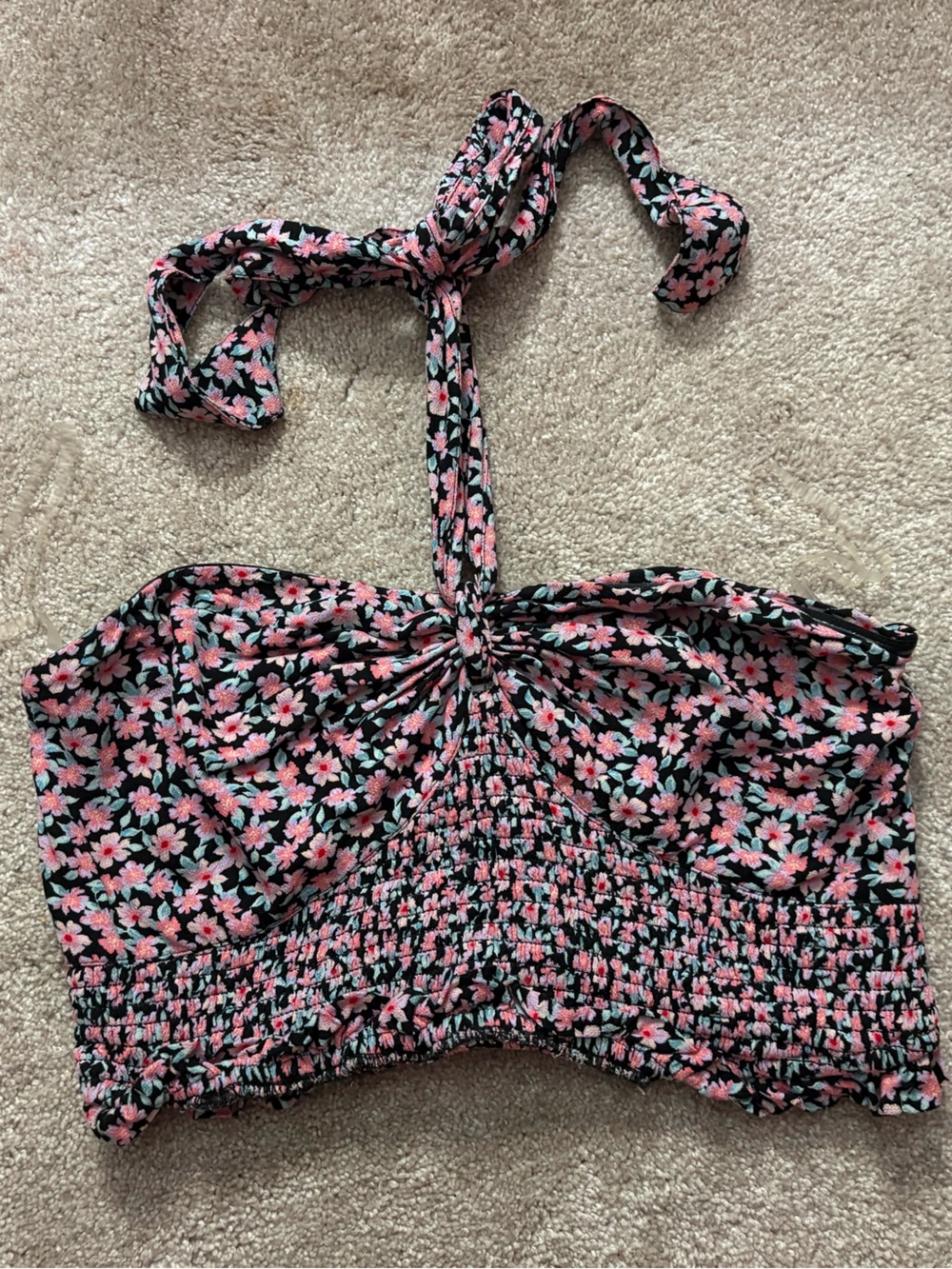 American Eagle Floral Halter Smocked Crop Top Sz M